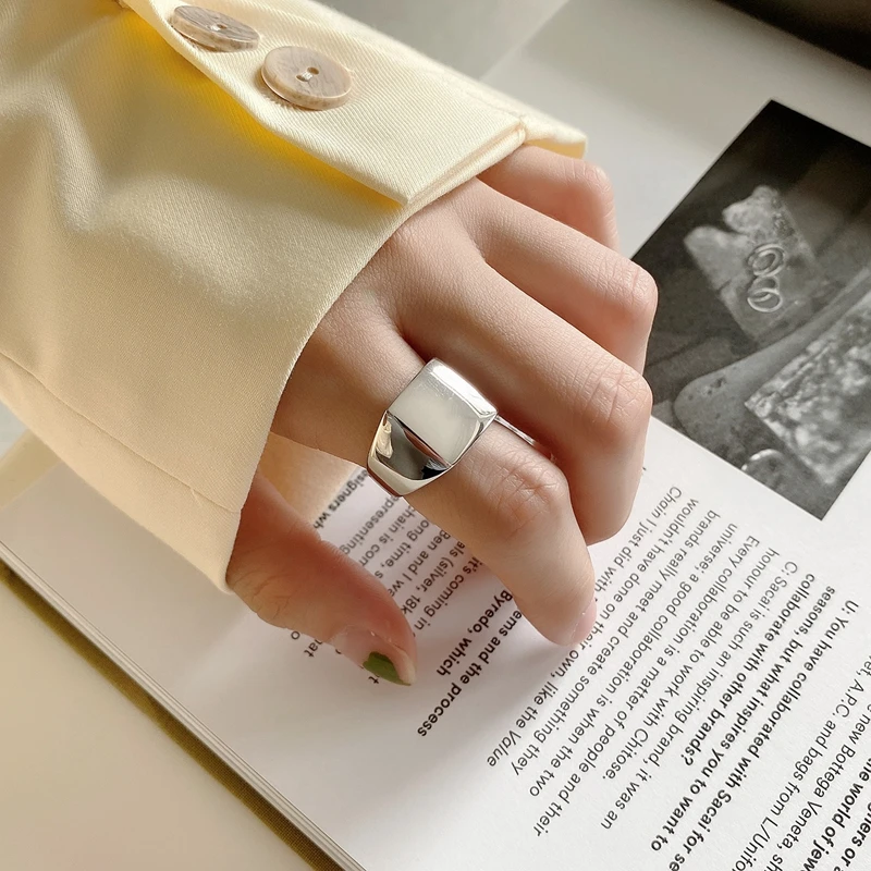 Silverology Anillos cuadrados de Ley 925 para mujer, anillos anchos minimalistas gruesos para mujer, diseñador de joyería de oficina de Japón y Corea 2020|Anillos| - AliExpress