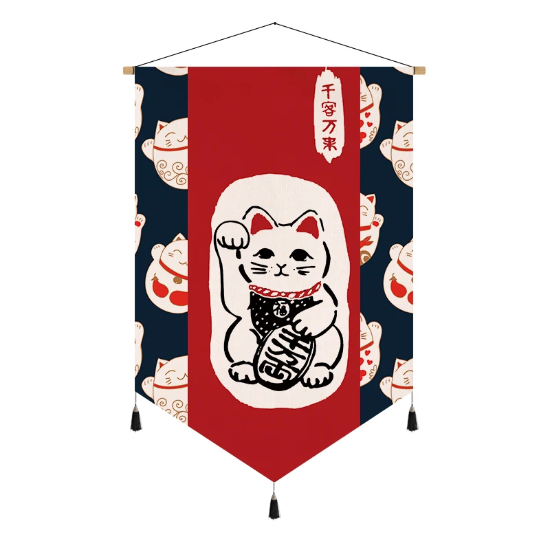 

Japanese Style Lucky Cat Canvas Decorative Painting Store Bedroom Living Room Wall Art Solid Wood Scroll Painting Hanging Decor