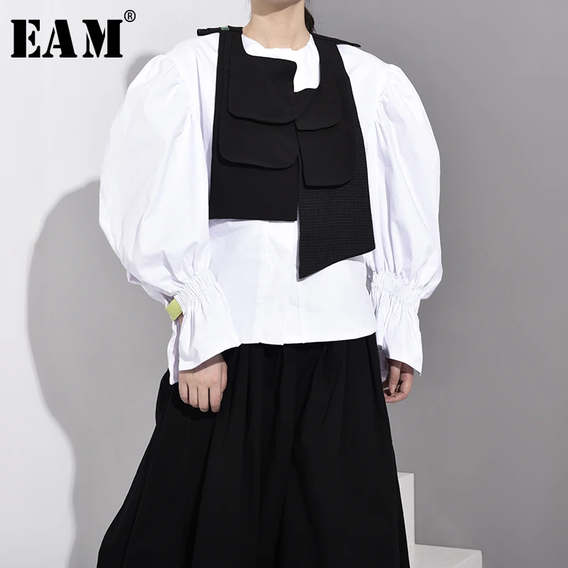 

[EAM] Women Asymmetrical Stitch Blouse New Round Neck Lantern Sleeve Loose Fit Shirt Fashion Tide Spring Autumn 2019 JZ3270