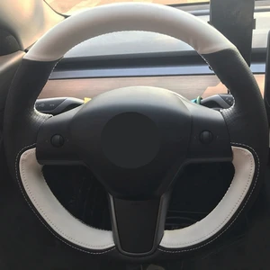 Image 3 - El dikişli araba direksiyon kılıfı süet inek deri Volant örgü direksiyon simidi üzerinde Tesla modeli 3 2017 2018 2019