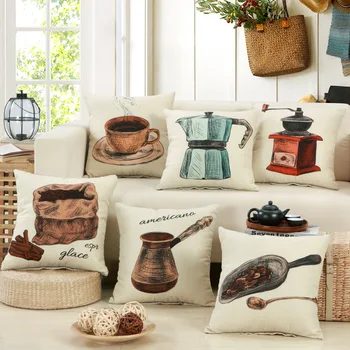 

Coffee Tools Series Pillowcases,Linen Print Pillow,American Country Cover and Core for Sofa,45 Cm Coffee Pot Decorative Pillow