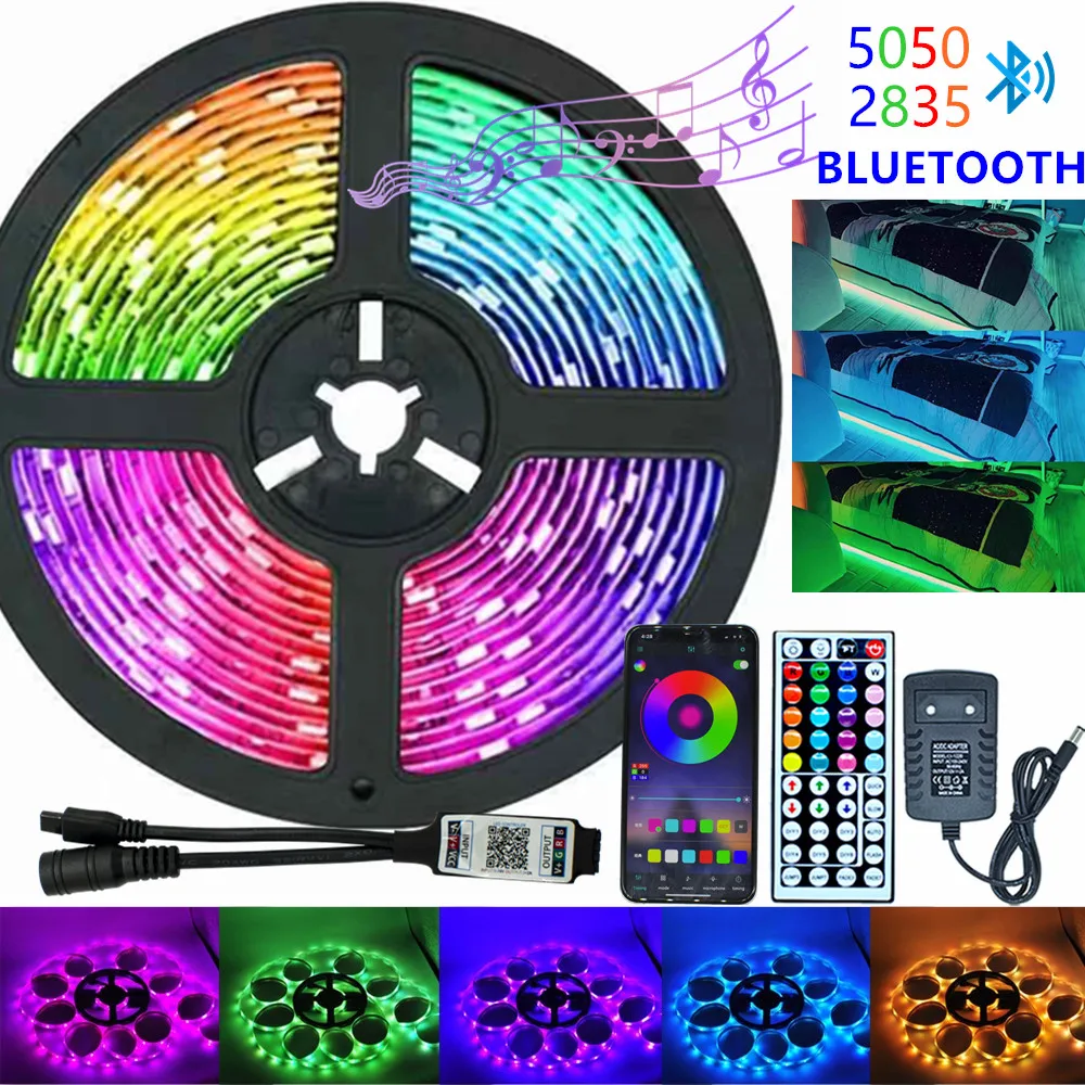 Infrarrojos/Bluetooth/WiFi LED luces de tira RGB 5050 2835 lámpara Flexible cinta con diodo DC 12V 5M 10M Control Remoto + adaptador