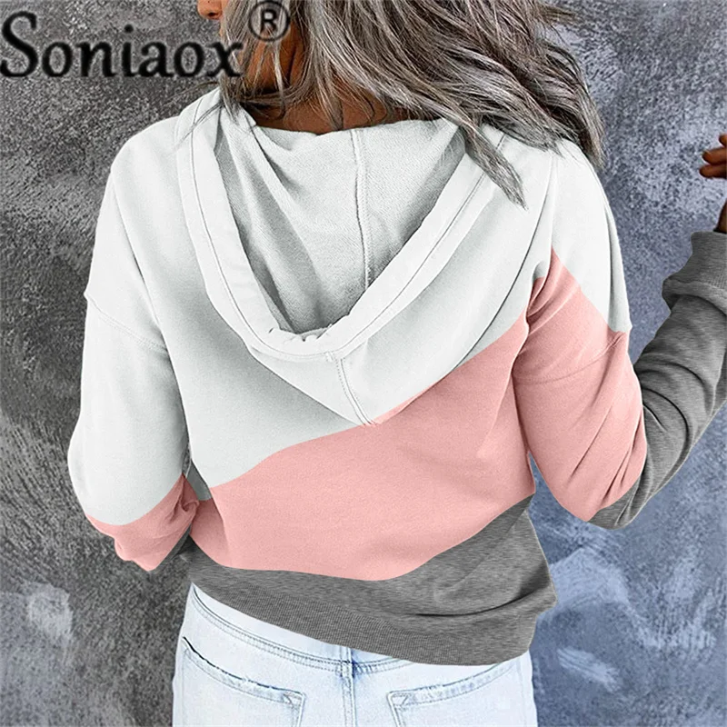 Women Patchwork Hooded Sweatshirt Autumn Color Contrast Print Harajuku Drawstring Sports Hoodie Casual Long Sleeve Pullover Tops