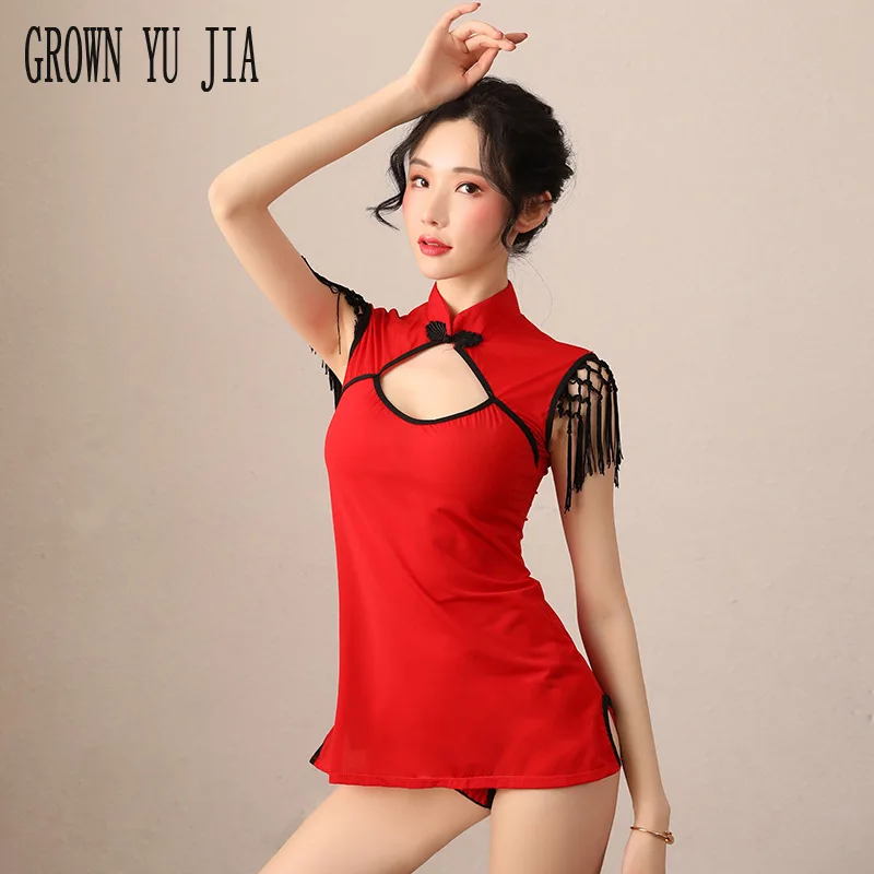 

Sexy Maid Uniform Porno Role Play Servant Red Cheongsam Dress Thongs Set Erotic Cosplay Costume Qipao Sex Skirt Girl Lingerie