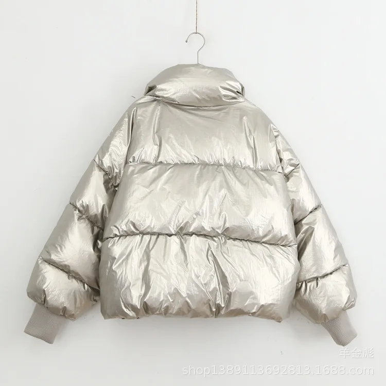 

18 Autumn And Winter New Style Casual Simple Korean-style Loose-Fit Stand Collar Thick Bright Surface Cotton-padded Clothes down