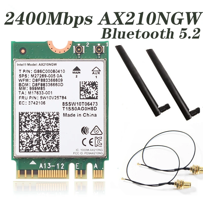 

WiFi 6E Desktop Kit Intel AX210 Bluetooth 5.2 Wifi Card 3000Mbps 802.11ax Dual Band 2.4G/5Ghz AX210NGW Wi-Fi 6 Adapter Antenna
