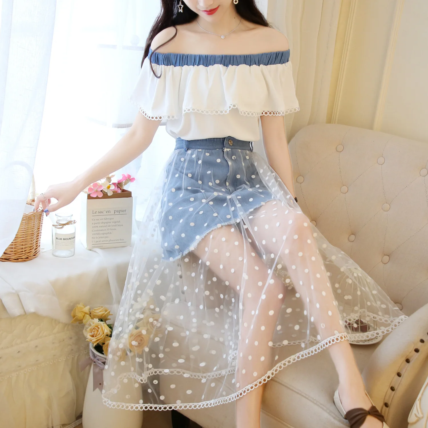 

Horizontal Neck off-Shoulder Western Style Sweater Set High-waisted Short Skirt Joint Polka Dot Gauze Two-Piece Set