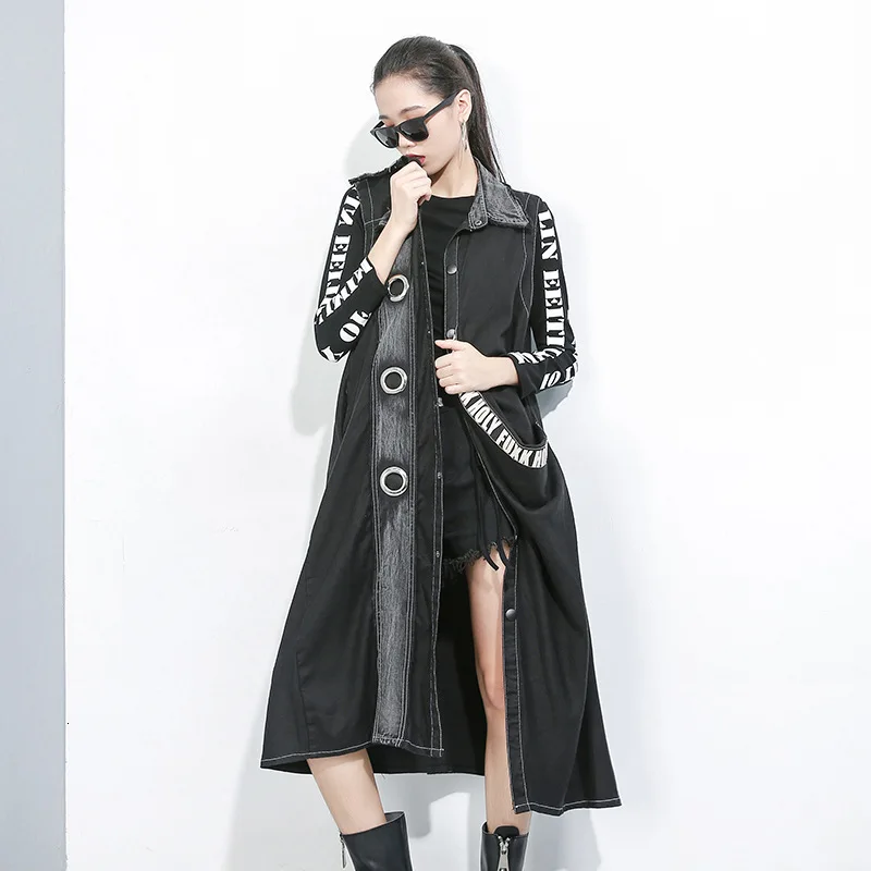 

LANMREM 2019 New Fashion Cardigan Ring Decoration Sleeveless Lapel Collar Street Patcwork Long Length Women's Trench Coat AD004
