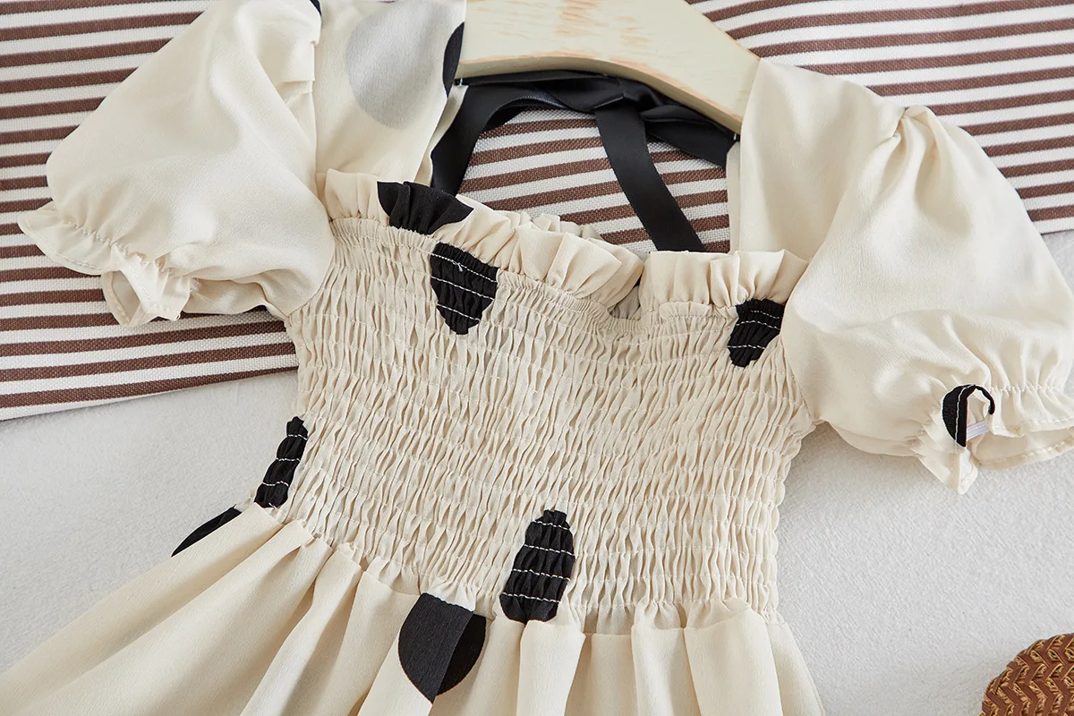 Лето г. Французское Ретро волнистое платье с квадратным воротником и пышными рукавами для девочек шифоновое платье принцессы бежевое платье праздничная одежда