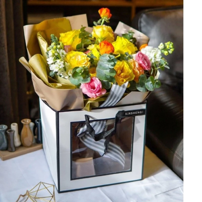2pcs Transparent Window Square Flower Gift Packaging Paper Handbag Wedding Party Favor Creative Decoration Florist Bouquet Bags | Дом и сад