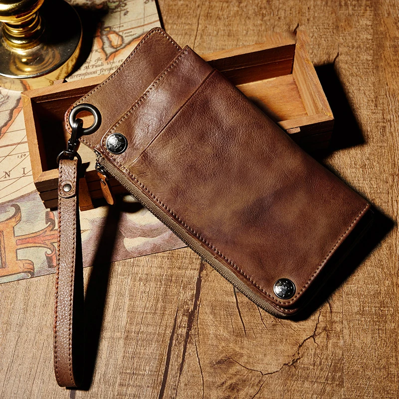 

Handmade Genuine Leather Men Long Wallets Retro Mobile Phone Bag Wristlet Money Bag Zipper Coin Purse Cards ID Holder Clutch Men