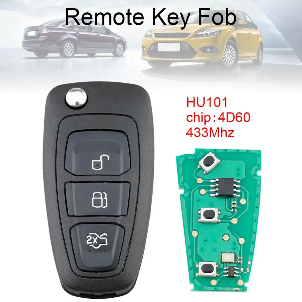 

433Mhz 3 Buttons Flip Keyless Entry Fob with 4D60 Chip and HU101 Blade Fit for Ford Focus Fiesta New