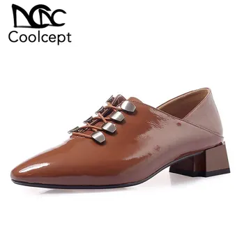 

CoolCept Women Casual Pumps Real Leather Vintage Style Shoes Women Metal Buckle Square Heel Office Mujer Footwear Size 33-43