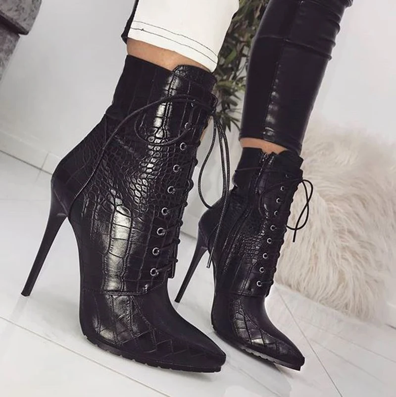 

Martin Boots Womens Pointed Toe High Heels Mid-calf Crocodile Pattern Spring Lace Up Ladies Booties Black New Female Shoes