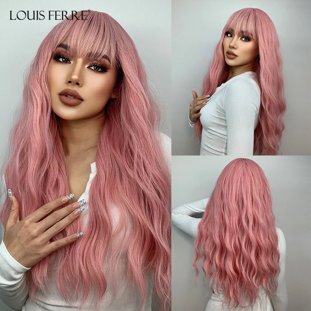 Louis Ferre Parrucche Ondulate Lunghe Rosa Cosplay Parrucca Sintetica Naturale Da Donna Con Frangia Parrucche Per Capelli Resistenti Al Calore Lolita 