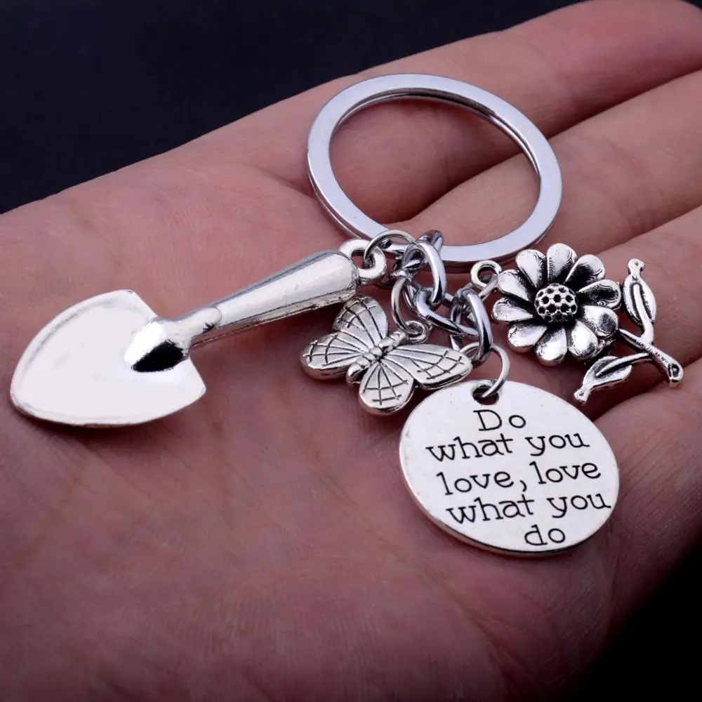 

12PC Sunflower Flower Butterfly Shovel Pendant Charm Keychains Shovel Gardener Key Chains Gift Florist Nature Jewelry Key Rings