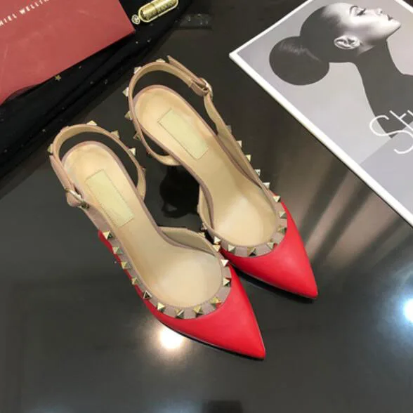 Women Dress Shoes rock Patent High Heels stud Pumps Rivets Real Leather Pointed Toe Wedding Shoes Gift Party Shoes