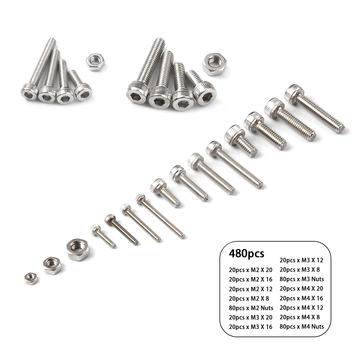 

480PCS M2 M3 M4 304 Stainless Steel Cylinder Head Hex Socket Head Cap Screws Nut Assorted Kit