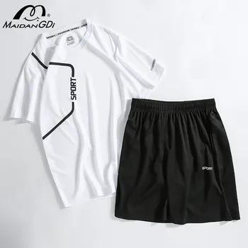 

Men's Sets 2020 Summer New Printing Solid Cotton Quick Dry Breathable Gym Training Short Sleeve And Shorts Training Suits