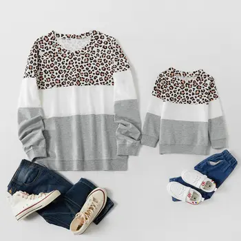 

2020 Fall Mother&Daughter Family Matching Women Girl Boys Autumn Sweatshirt Tops Clothes Leopard Patchwork Pullover Hoodies Tops