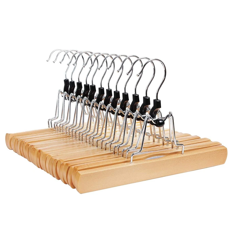 

New-1 Set of 10 Trouser Clamp Hanger Solid Wood Anti-Slip Felt Hook Pant Skirt Hangers Natural