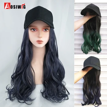 

AOSIWIG New Long Wavy Synthetic Hair Hat Wig Natural Connection Caps Hat Female Ombre Black Blue Purple Full Headdress for Women