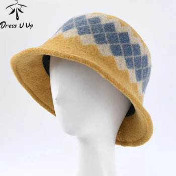 

DRESSUUP Women's Plaid Woolen Autumn and Winter Hats Woolen Hat Folding Wild Retro Dome Short Brim Fisherman Hat