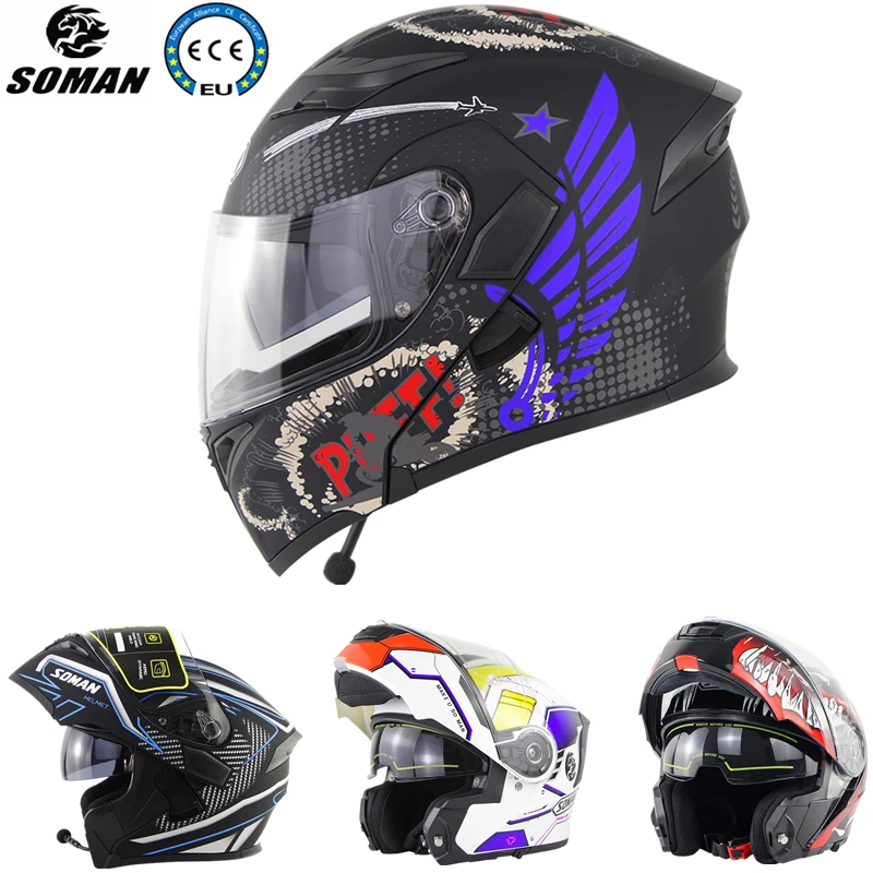 SOMAN Bluetooth Helmet Flip Up ECE Dual Lens Cascos DOT Cool Motorcycle Helmet Full Face Casco Black Motorbike Helmets Modular