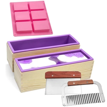 

Silicone Soap Molds Kit - 2 Pcs Flexible Rectangular Soap Silicone Mold with Wood Box, Stainless Steel Wavy & Straight Scraper f