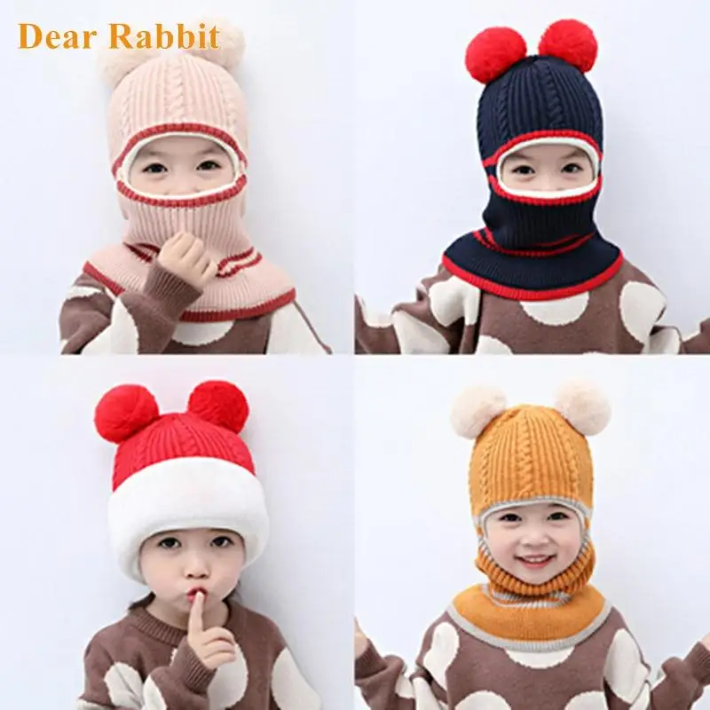 Winter Baby Hat Scarf Boy Girl Joint Cap Toddler Kids Child Warm Pompom Fashion Star Beanie Knitted Neck Plus velvet Warmer 2-5 | Детская