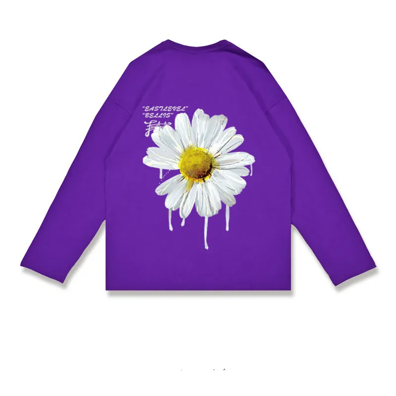 

Ins Style Retro Funny Oil Painting Chrysanthemum Print T Shirts Men 100% Cotton Top Tee Skateboard Purple Grey Ulzzang T-shirt