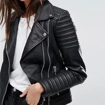 

Autumn and winter new Lapel Faux Fur Motorcycle Jacket Women's slim quilted leather coat