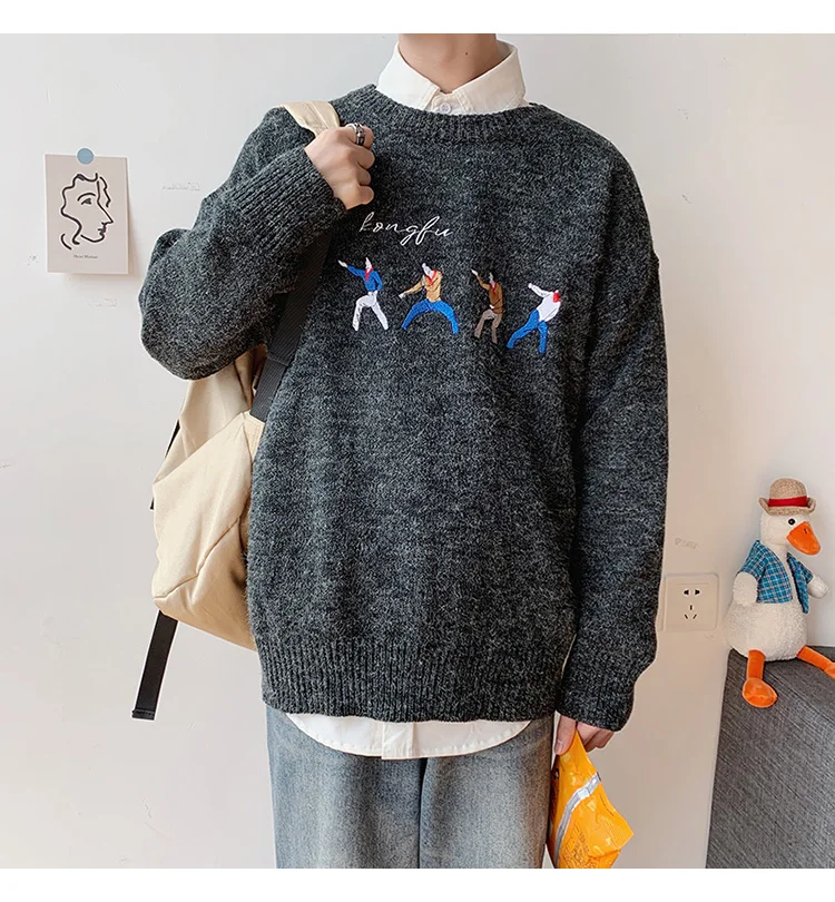 Autumn New Cartoon Men's Sweater Ins Hong Kong Sweaters Long Sleeve O-neck Korean Loose Thick Male Sweaters Sueter De Hombre
