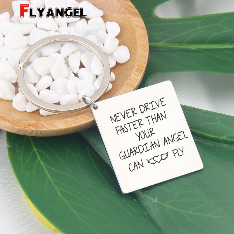 

Safety Warning Keychain Enrgaved Never drive faster than your guardian angel can fly Key Ring Gift For Men and Women key holder