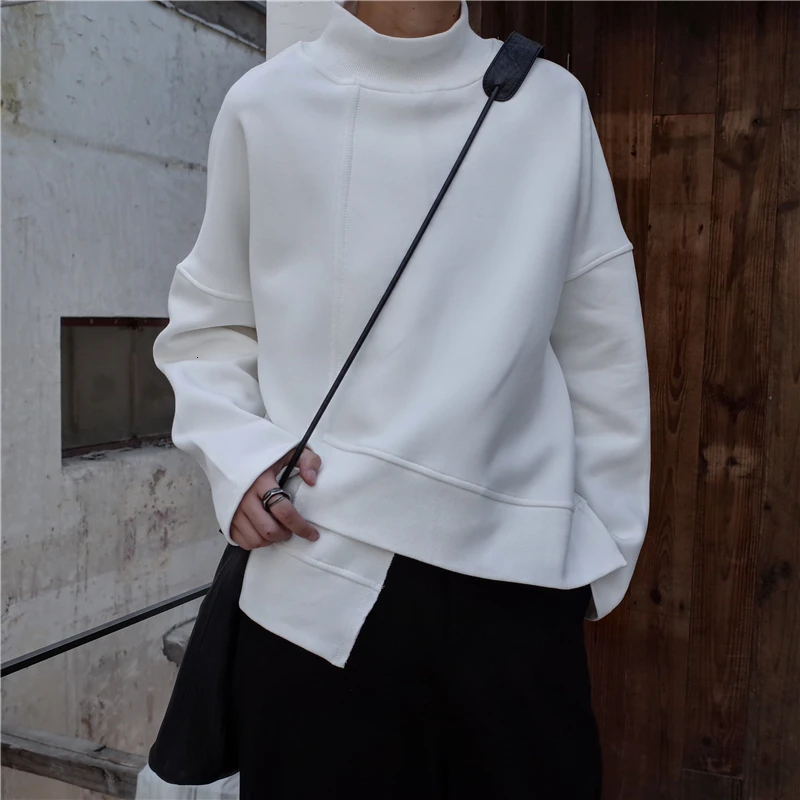 [EAM] New Spring High Collar Long Sleeve Black Loose Irregular Hem Large Size Sweatshirt Women Fashion Tide B442 - Цвет: white
