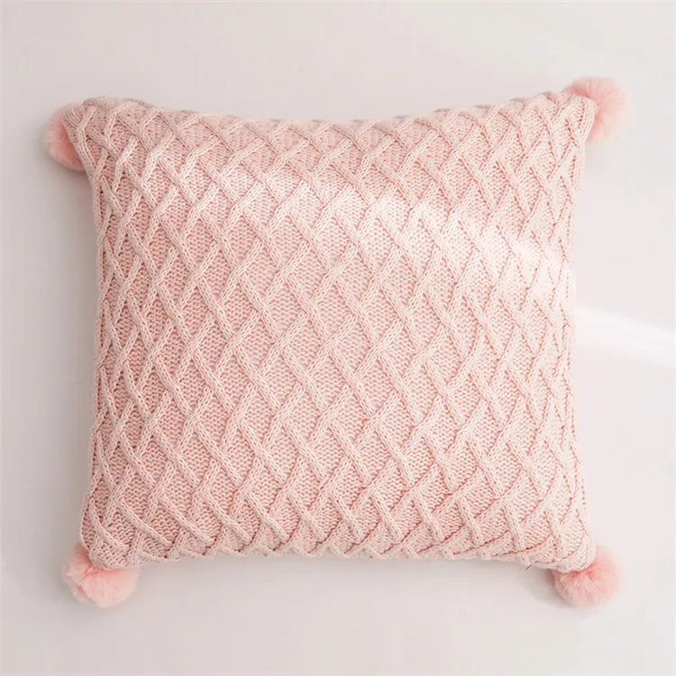 Pink Grey Cotton Plaid Knitted Blanket &Amp; Cushion Cover