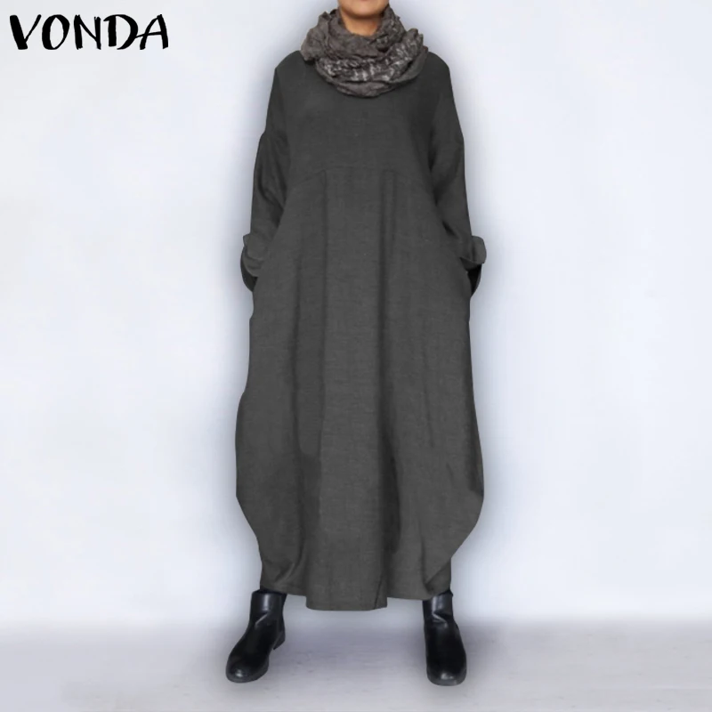 Best VONDA Plus Size Autumn Dress 2019 Spring Vintage Sexy Long Sleeve Party Maxi Long Dress Casual Loose Vestidos Robe Femme S 5XL