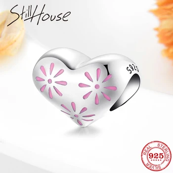 

High quality Heart Shape Pink Flowers 925 Sterling Silver Beads Accessories fit Original Fine Charm Bracelets Jewelry Making