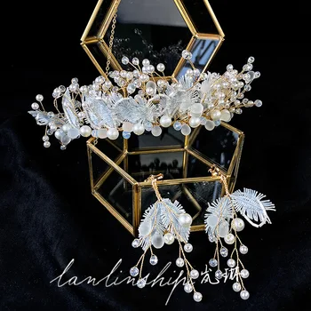 

Pearl Crystal Gold Mori Fairy Bridal Headdress Handmade Beaded Crown Wedding Hair Accessories Hairband