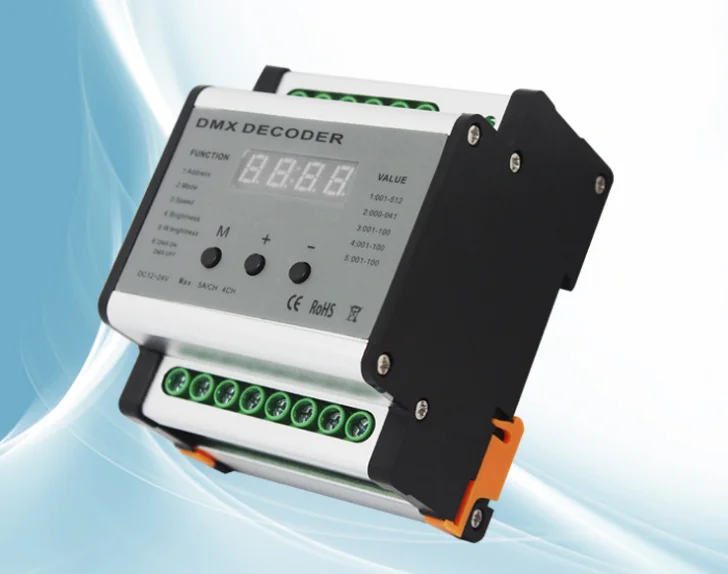 DMX701 DMX Rail 4 Декодер каналов DMX512 4-канальный светодиодный контроллер диммер выход 5A/CH Макс 480 Вт Выходная мощность DC12V-24V