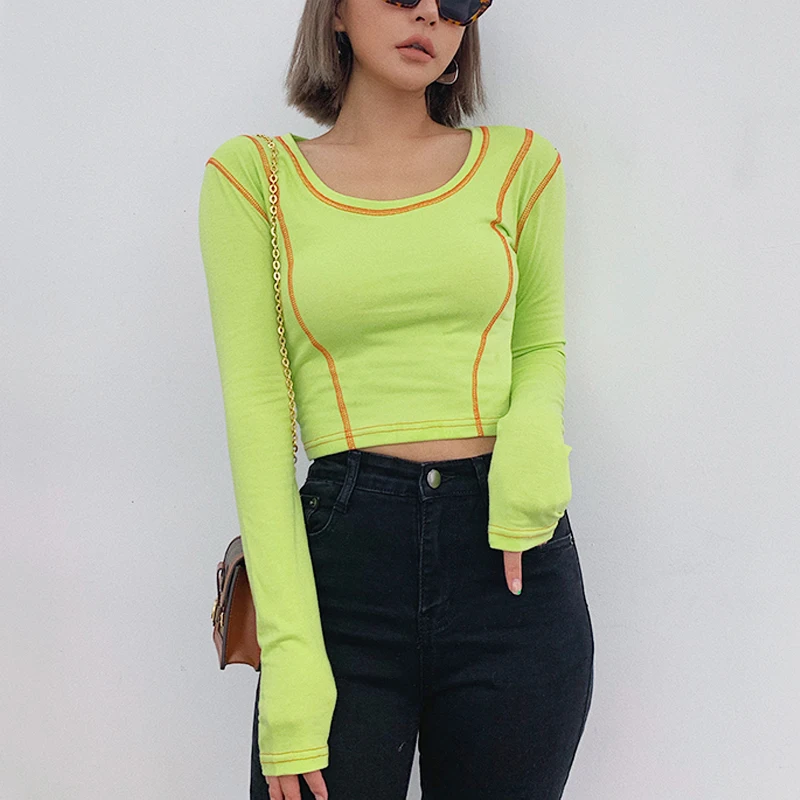 

Women Fluorescent Long Sleeve Fitted T-shirt With Contrast Stitching Fluorescent Crop Top