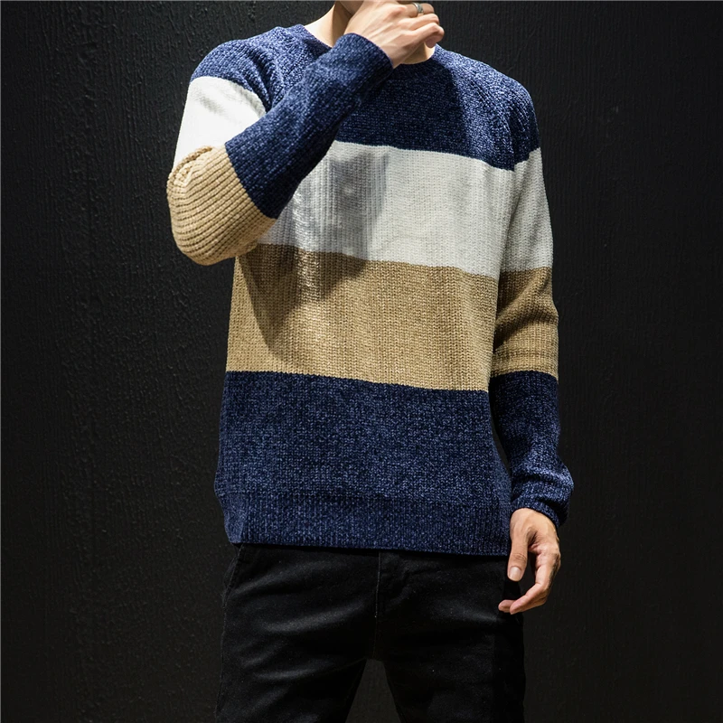 

Men's sweater 2019 autumn and winter new round neck sweater striped color matching sweater young people trend men's clothing