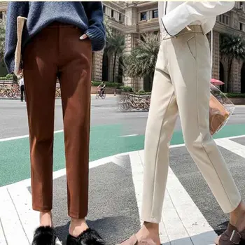 

2019 Autumn New Women Elastic Woolen Pant Female Plus Size Casual Trousers Black/Gray Harem Pants Winter Wool Ankle-Length Pants