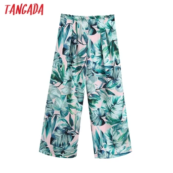 

Tangada women green floral print long pants trousers vintage style strethy waist lady pants pantalon BE476