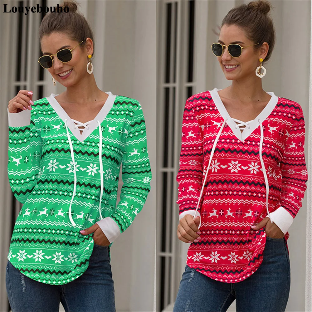 

2019 Women Fashion Xmas Print T Shirt Autumn Long Sleeve Casual Loose Top Lace up V Neck Tee Christmas Slim T-shirts Streetwear
