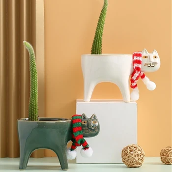 

1Pc Cartoon Cat Flower Pots With Scarf Cute Cactus Plant Bonsai Planter Office Desktop Succulent Flowerpot Decorative Ornaments