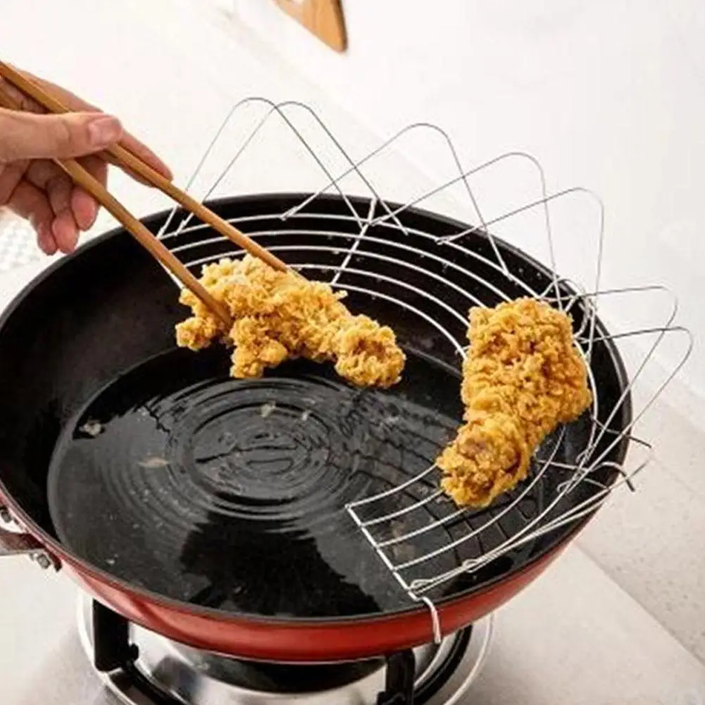 

Semi-circular Folding Stainless Steel Drain Rack Dripping Rack Kitchen Supplies Frying Oil Control Rack Croquettes with Guard