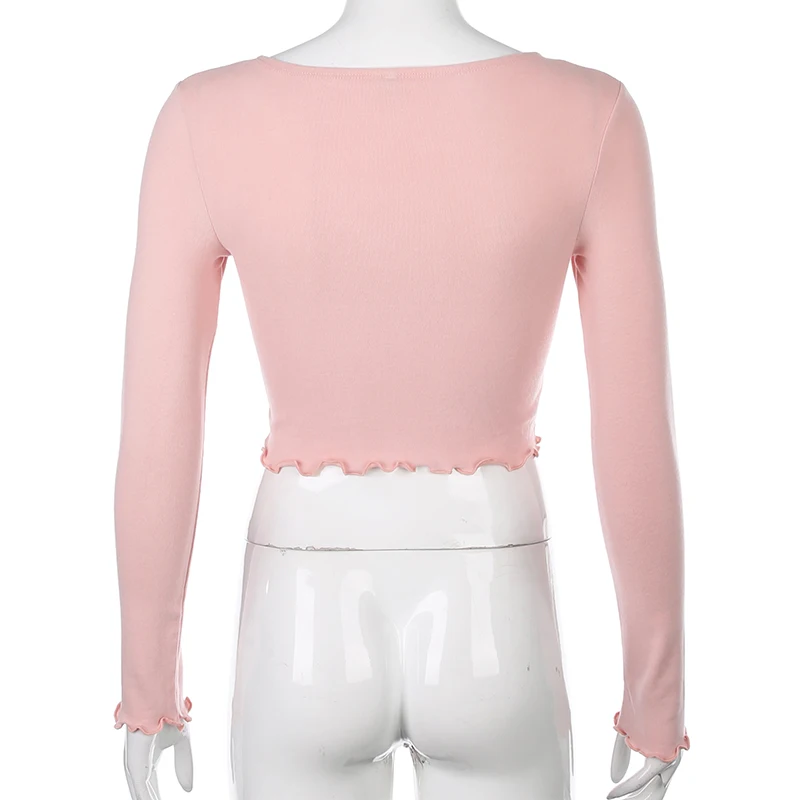 Darlingaga, розовая Милая футболка с v-образным вырезом и длинным рукавом, женские осенние повседневные топы, футболки с вышивкой клубники, футболки Harajuku
