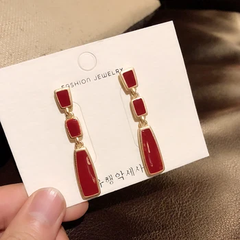 

Fashion color metal geometry stud earrings female popular Classic Golden women stud earrings red rectangle earrings for women