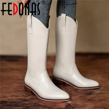 

FEDONAS Fashion Winter Shoes Woman Heels 2020 Genuine Leather Thick Heels Knee High Boots Working Pointed Toe Women's Boots
